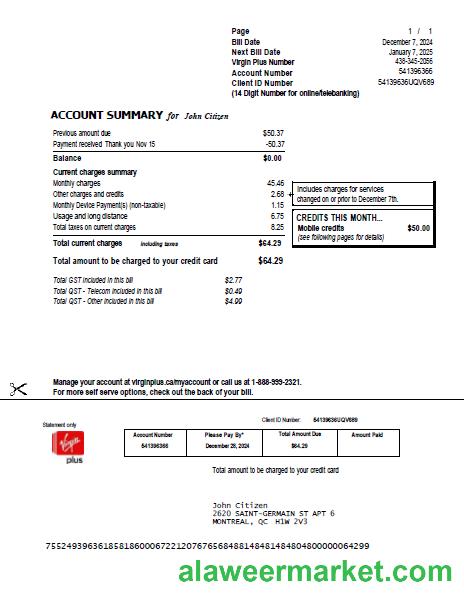 Canada Virgin Plus utility bill template in Word and PDF formats